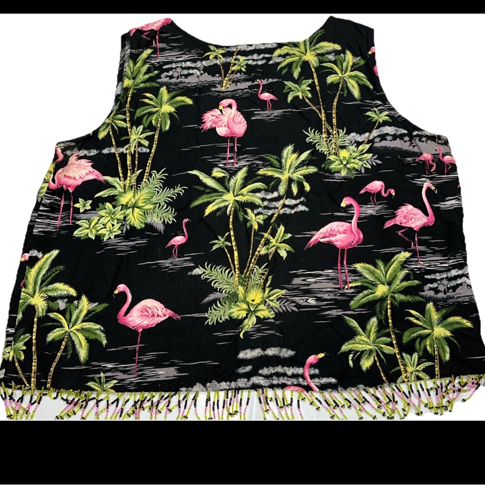 Key Lime Pie FLAMINGO tropical   Sleeveless Cropped Tank Top Rayon Beach Fringed